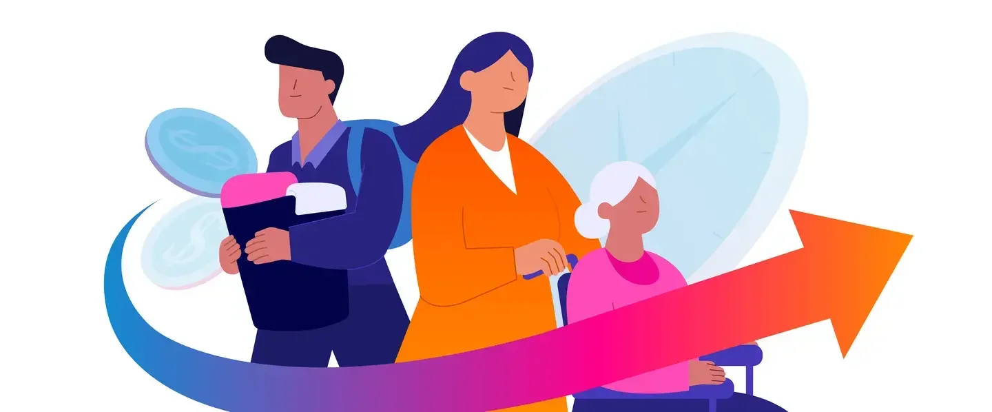 Illustration d’un homme, d’une femme et d’une femme en fauteuil roulant effectuant des tâches de soins et illustrant comment ces activités contribuent à l’économie.