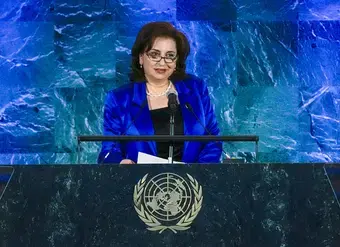 UN Women Executive Director Sima Bahous delivers welcoming remarks at the UN commemoration of International Women’s Day, 7 March 2025, UN General Assembly Hall, UN headquarters. Photo: UN Women/Ryan Brown.