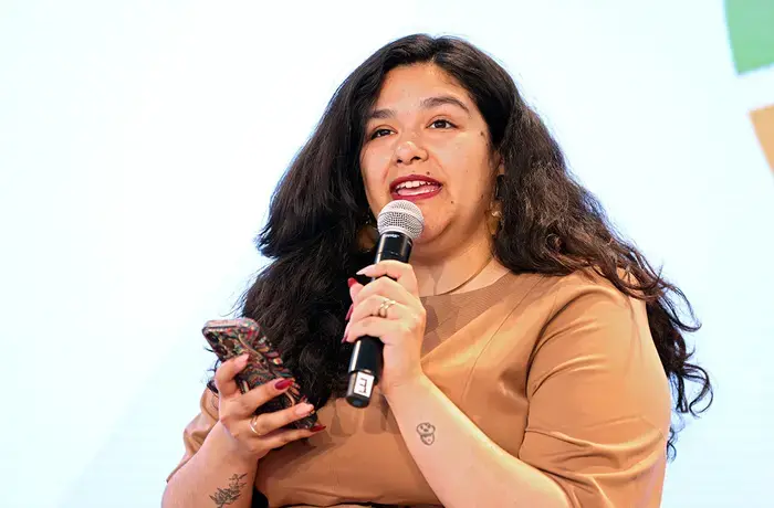 Ljubica Fuentes, Founder, ‘Ciudadanas del Mundo’, speaks during the panel discussion “The Manosphere: Understanding and Countering Online Misogyny” held in the SDG Media Zone during the 80th session of the United Nations General Assembly in New York on 22 September 2025